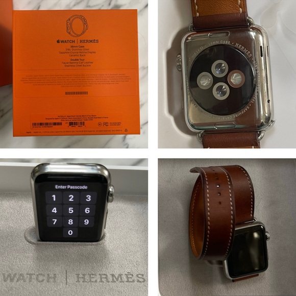 HERMES APPLE WATCH , WITH 38mm FAUVE BERENIA HANDMADE LEATHER DOUBLE TOUR BAND - Picture 5 of 16